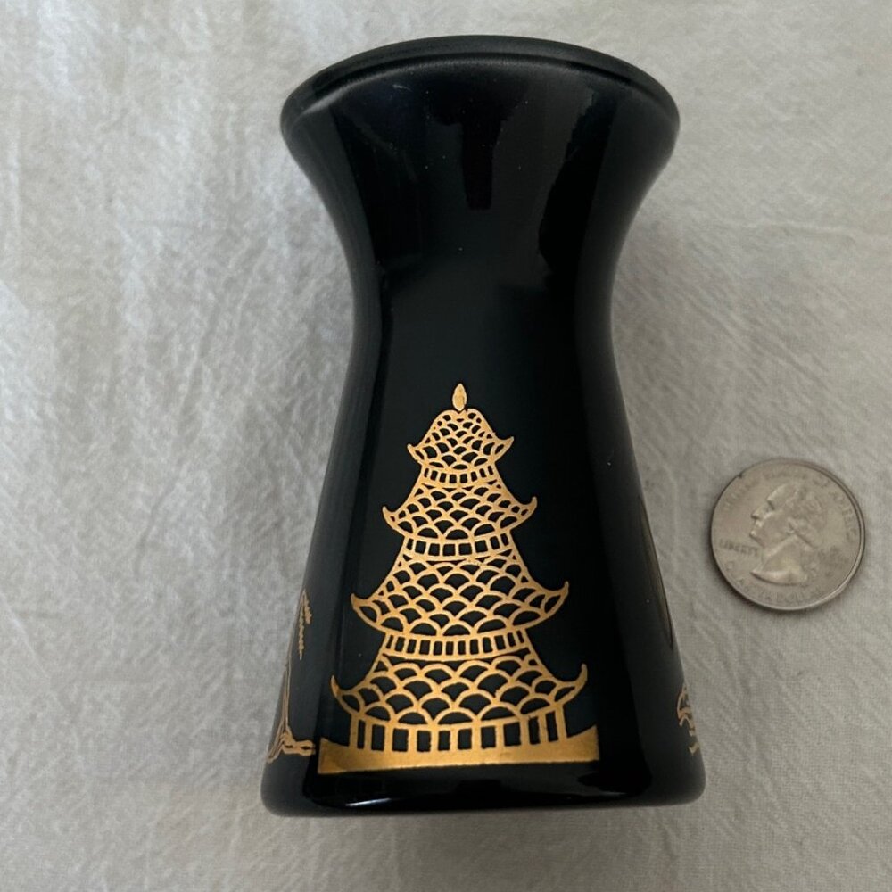 VINTAGE Small Black Glass Vase with Gold Pagodas and Trees